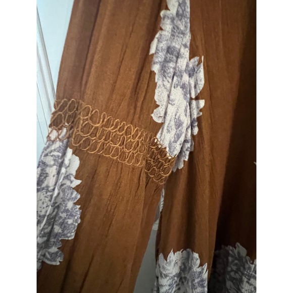 Free People Brown Floral Ballon Sleeve S Blouse Boho Oversized Top office siren - Picture 4 of 8